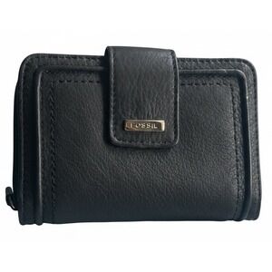 Fossil Black Genuine Leather Zip Around Bifold Wallet ID Card Holder Excellent